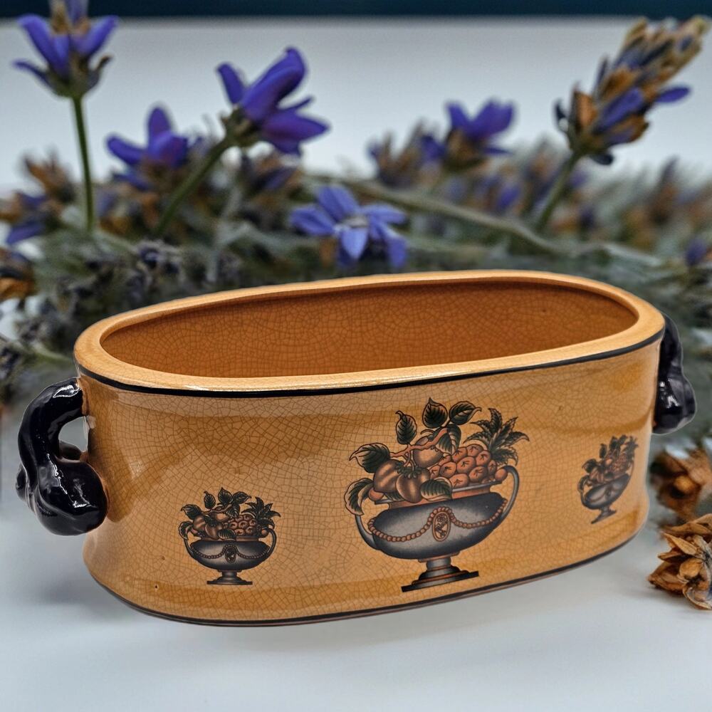 Vintage Ceramic Fruit Basket Crackle Glaze Cache Pot Planter